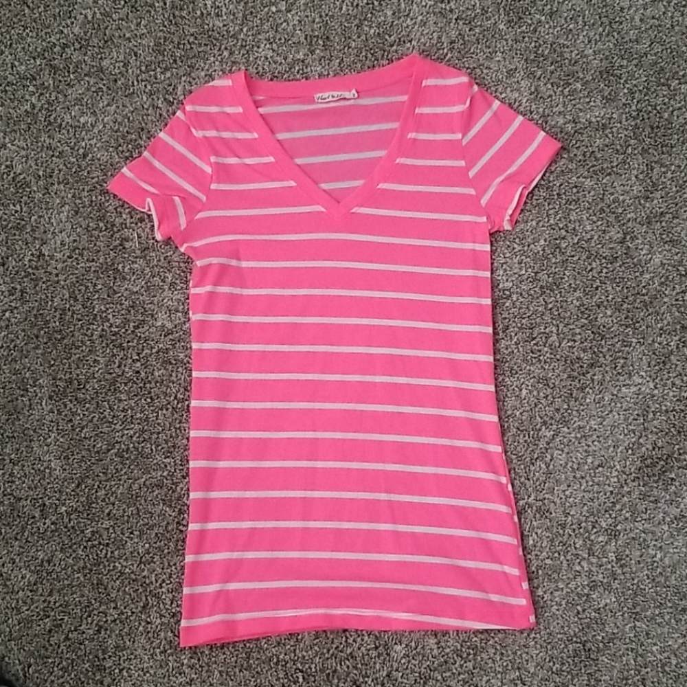 Pink-and-white striped v-neck top